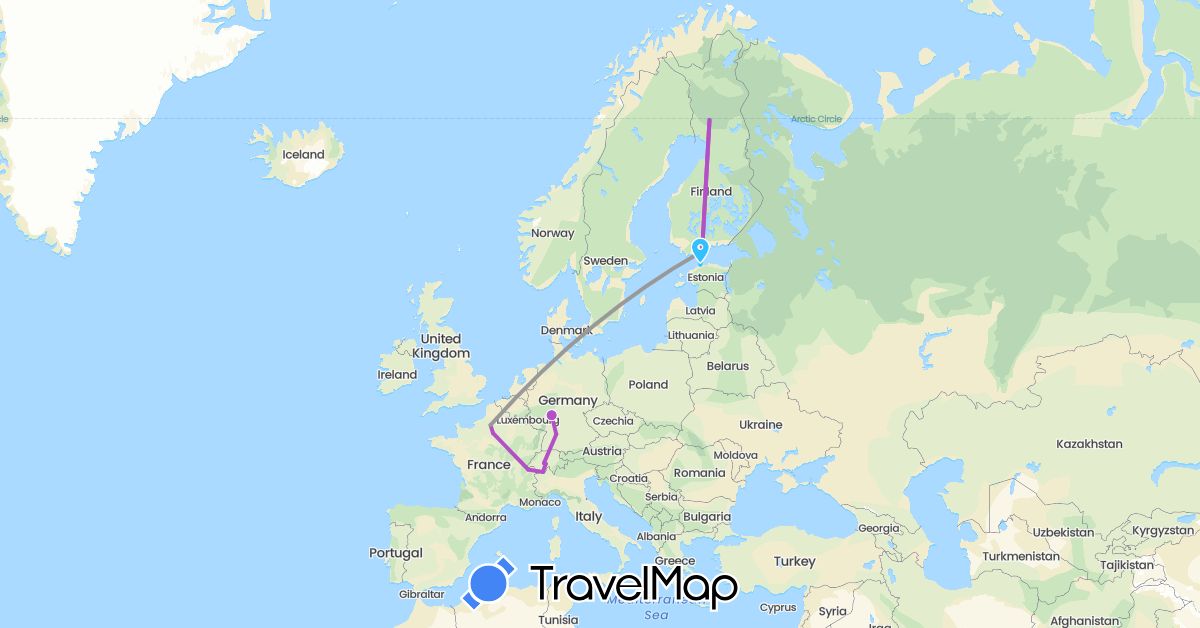TravelMap itinerary: driving, plane, train, boat in Switzerland, Germany, Estonia, Finland, France (Europe)